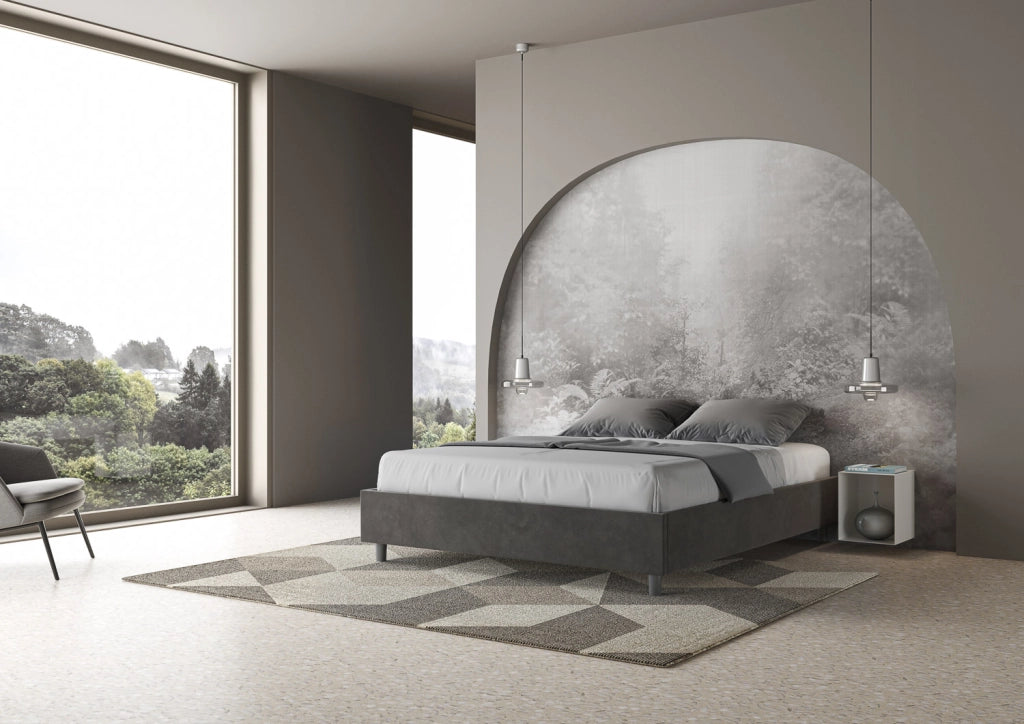 Letto Matrimoniale 160x200 cm con Rete e Contenitore Giroletto con Alzata Comoda Imbottito in Microfibra Azelia Grigio