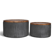 Set 2 Pouf Contenitore Rotondi in Velluto con Coperchio in Legno, Tavolino da Salotto Moderno, Pouf Contenitore Multiuso, Pouf Poggiapiedi, Tavolino Contenitore Salvaspazio Grigio Scuro