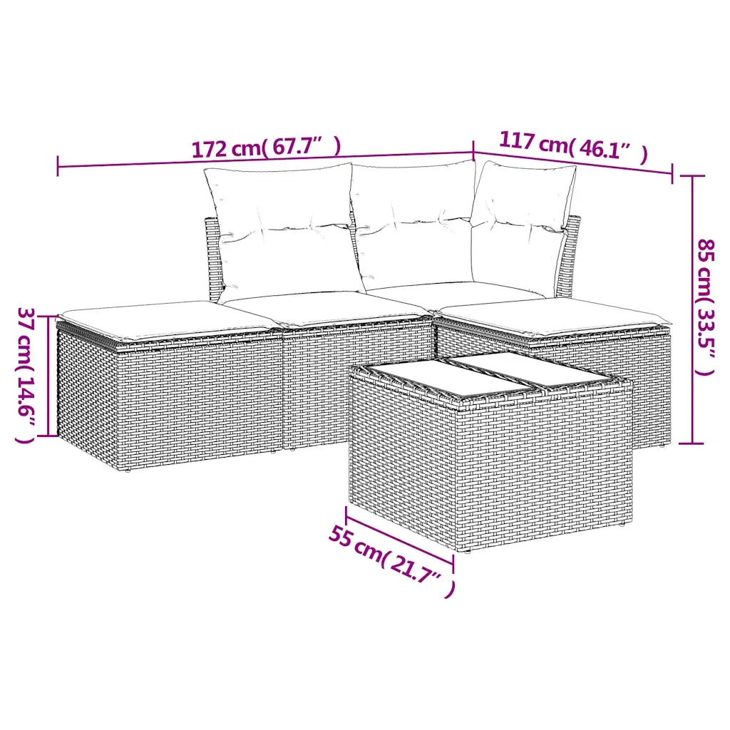 Set Divano da Giardino 5 pz con Cuscini-Sofa da Giardino-Divanetto da esterno Marrone in Polyrattan 499007