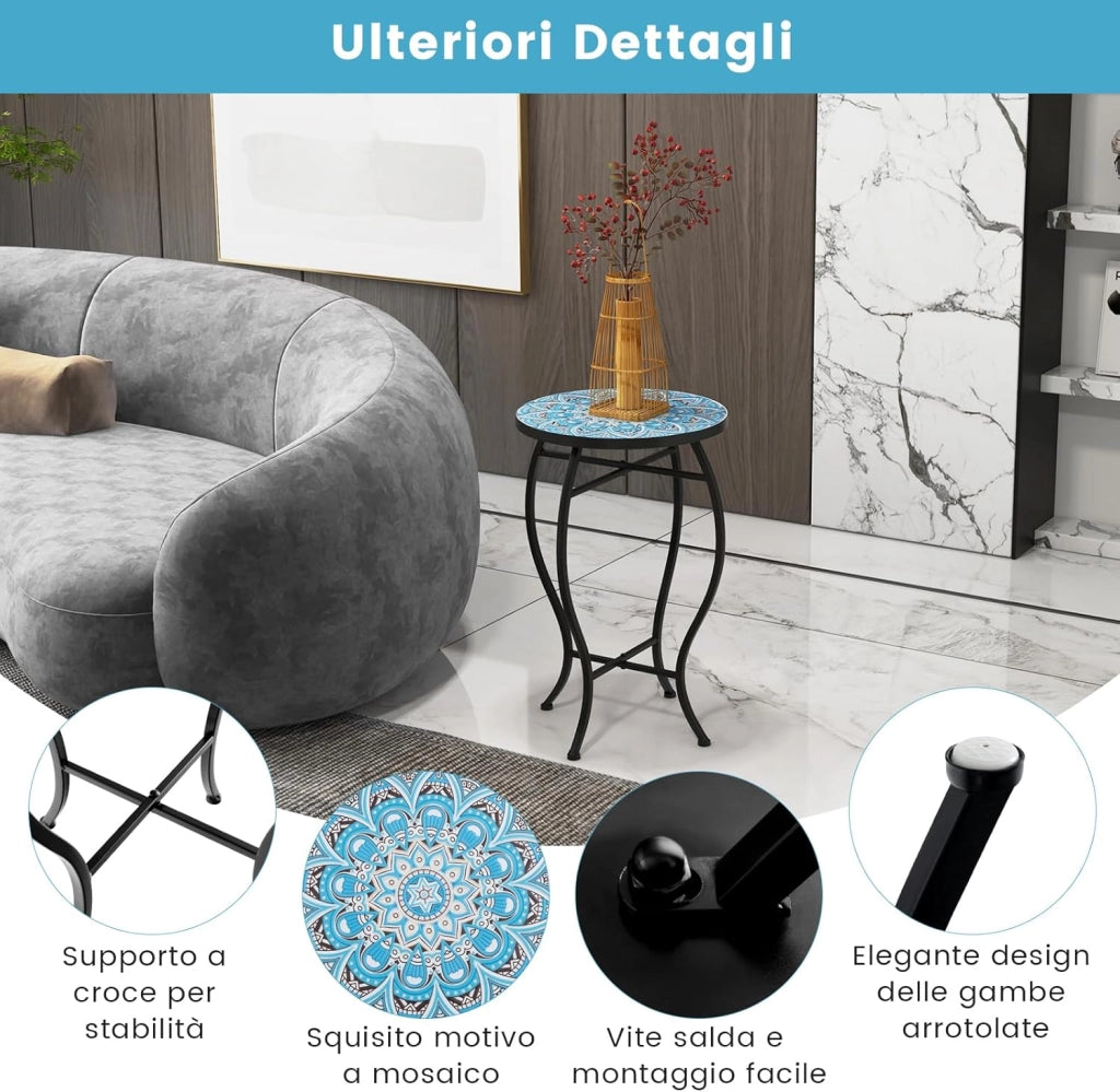 Tavolino per Esterno ed Interno, Tavolino Rotondo con Piano in Piastrelle di Ceramica e Gambe di Metallo, Tavolino Porta Piante da Balcone, Giardino e Salotto