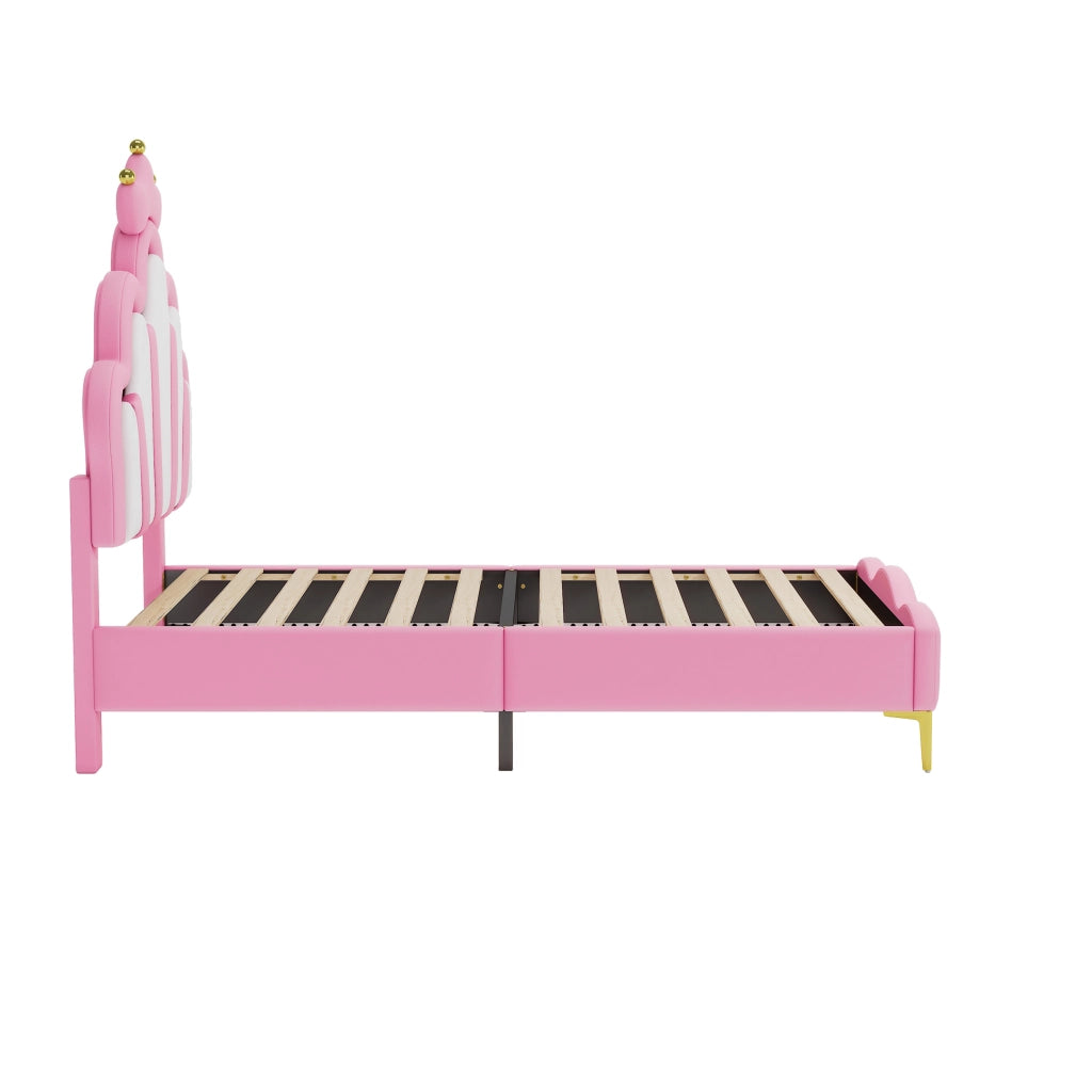OKWISH Letto Bambini 90×200 cm, Letto Singolo con Corona, LED Regolabile e Testiera Imbottita, senza Materasso, PU, Rosa