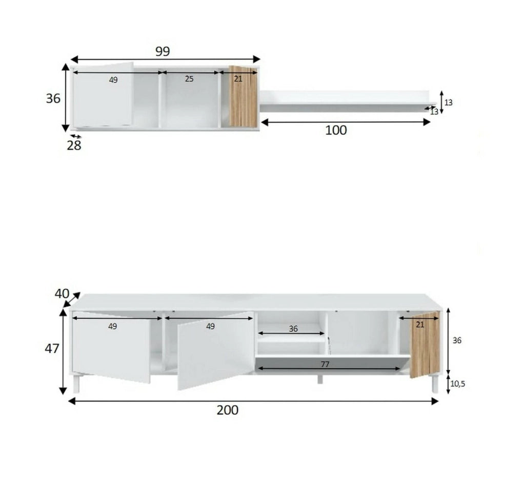 Mobile porta TV Banari, Armadietto soggiorno con ante, Armadio pensile con mensola, Credenza multiuso, 200x40h47 cm, Bianco e Rovere