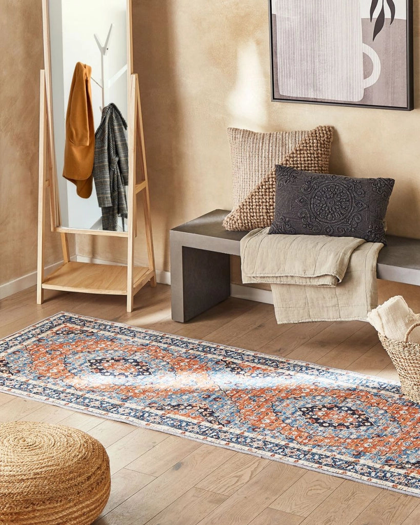 Tappeto passatoia blu e arancione poliestere 80 x 300 cm decorazioni orientali invecchiate per soggiorno camera da letto