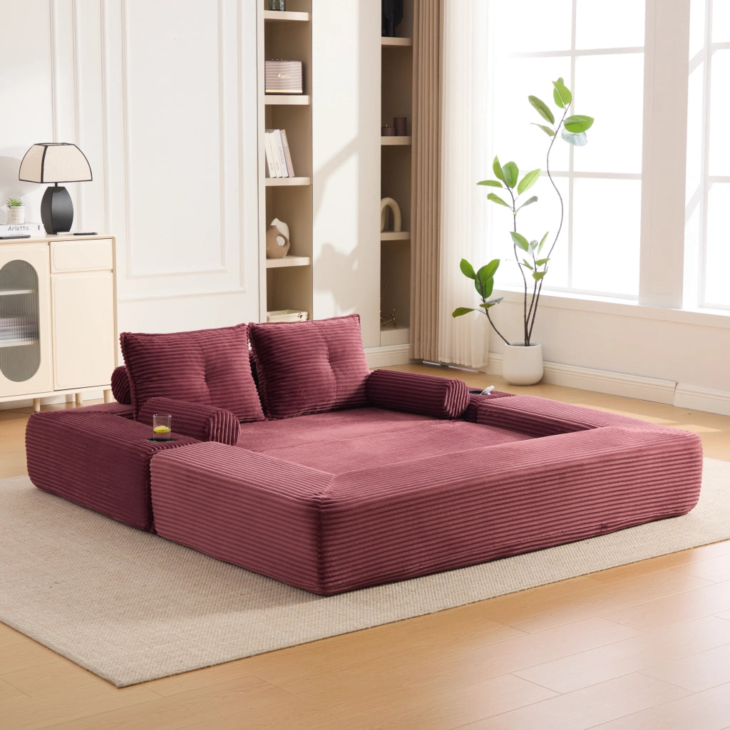Divano letto in velluto a coste con cuscini memory, tasche laterali e portabicchieri, vino rosso 180 × 98 × 80 cm