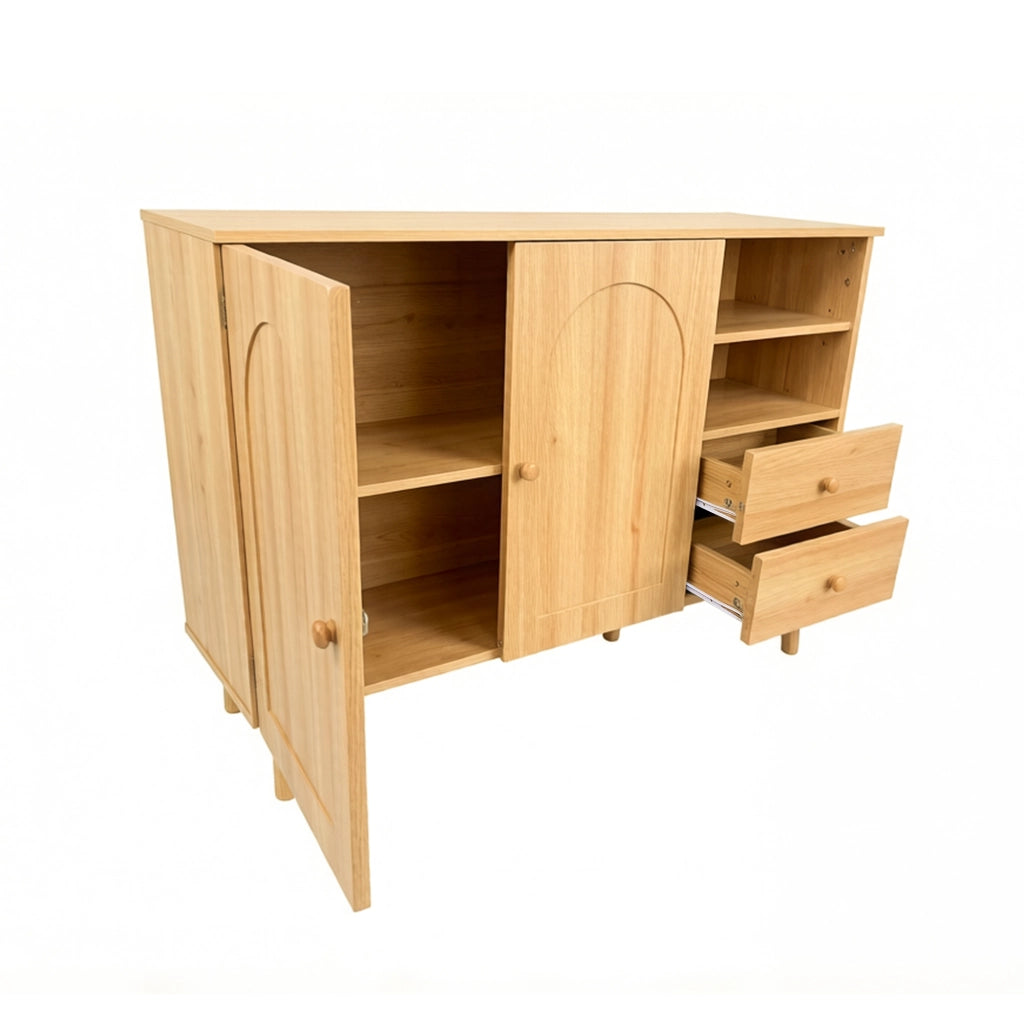 Credenza sideboard con ante bombate, 2 cassetti e vani aperti, colore naturale