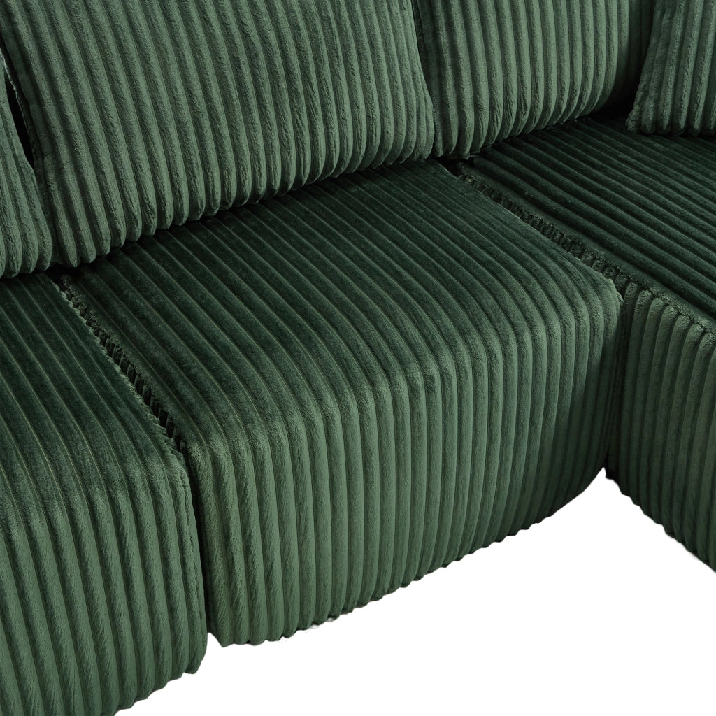 Divano modulare con chaise longue e 2 posti, tasche laterali e portabevande in velluto a coste smeraldo