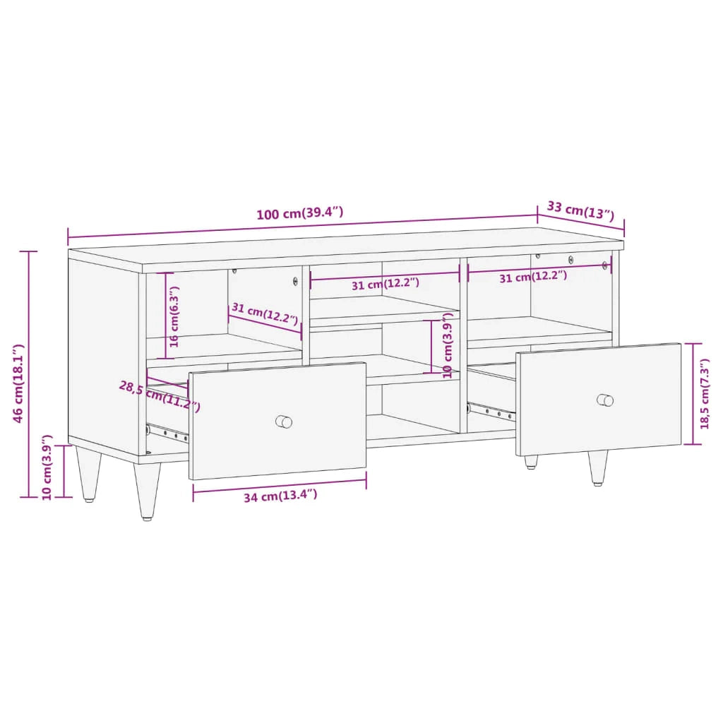 Mobile TV multimediale scaffale TV mobile TV sala da pranzo soggiorno camera da letto 100 x 33 x 46 cm legno massello di mango marrone 02_0025461
