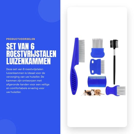 Kit di cura pelo per animali professionale - Doppia lama per pulci - Acciaio inossidabile - Kam per animali - Kam con denti arrotondati - Incluso 6 pezzi
