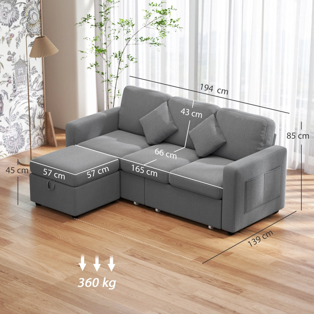 Divano 3 Posti Modulare con Pouf Contenitore 196x139x85 cm in Velluto a Coste Grigio Chiaro