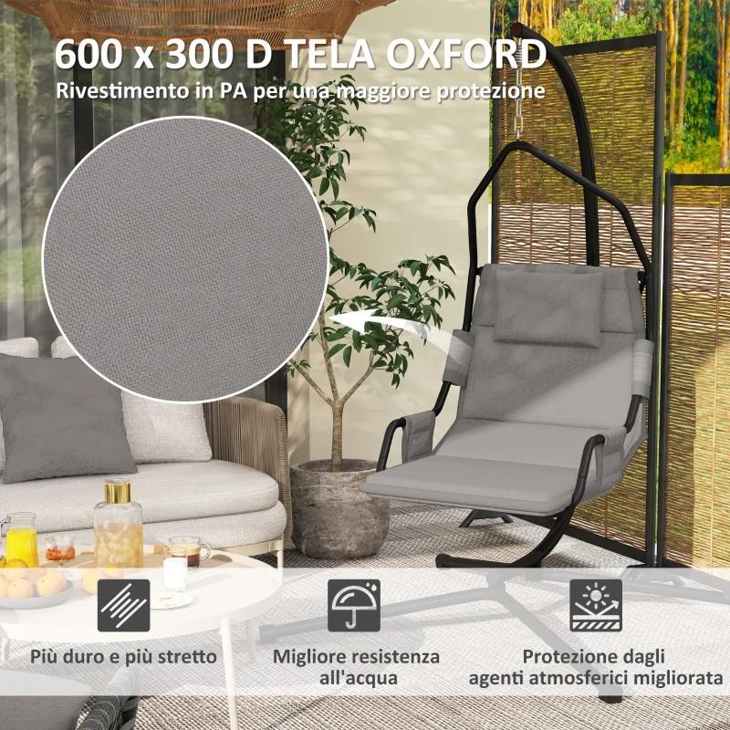 AMACA A DONDOLO IMBOTTITA CON CUSCINO, GANCIO E CATENA, IN ACCIAIO E POLIESTERE, 118X98X192 CM, GRIGIO E NERO