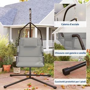 AMACA A DONDOLO IMBOTTITA CON CUSCINO, GANCIO E CATENA, IN ACCIAIO E POLIESTERE, 118X98X192 CM, GRIGIO E NERO