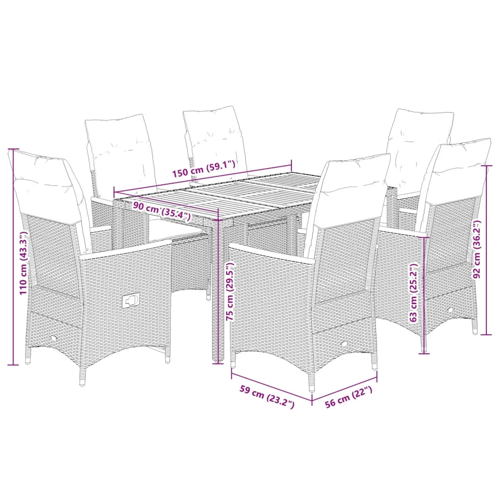 Set da Pranzo da Giardino 7 pz con Cuscini in Polyrattan Grigio