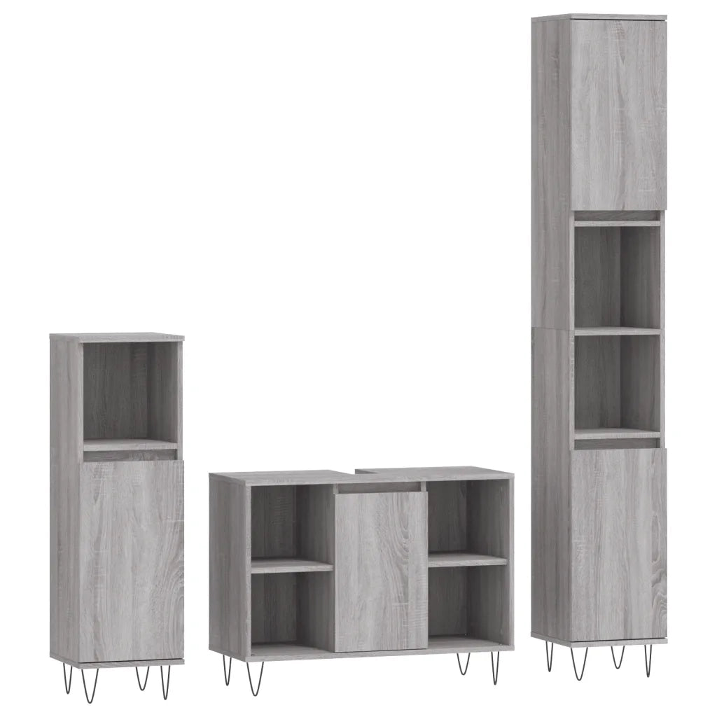 Set Mobili da Bagno | Armadio da bagno 3 pz Grigio Sonoma in Legno Multistrato