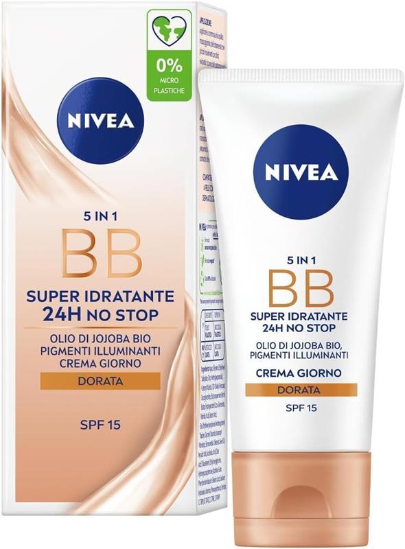 NIVEA 5 IN 1 BB SUPER IDRATANTE 24H NO STOP OLIO DI JOJOBA BIO PIGMENTI ILLUMINANTI CREMA GIORNO DORATA 50 ML