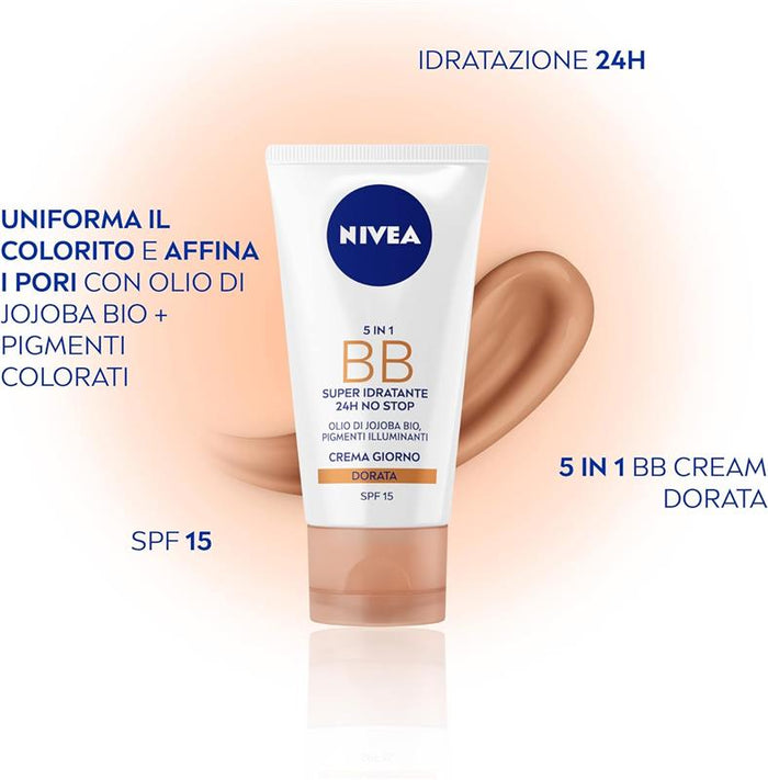 NIVEA 5 IN 1 BB SUPER IDRATANTE 24H NO STOP OLIO DI JOJOBA BIO PIGMENTI ILLUMINANTI CREMA GIORNO DORATA 50 ML