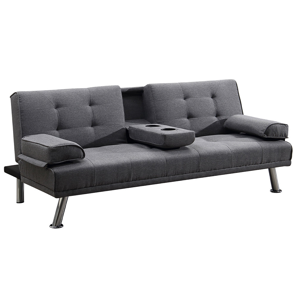 Divano Convertibile 2in1 in Tessuto Grigio Cuscini e Bracciolo con Portabibite