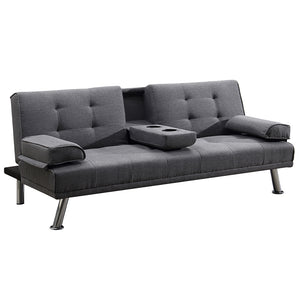 Divano Convertibile 2in1 in Tessuto Grigio Cuscini e Bracciolo con Portabibite