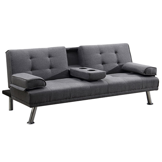 Divano Convertibile 2in1 in Tessuto Grigio Cuscini e Bracciolo con Portabibite