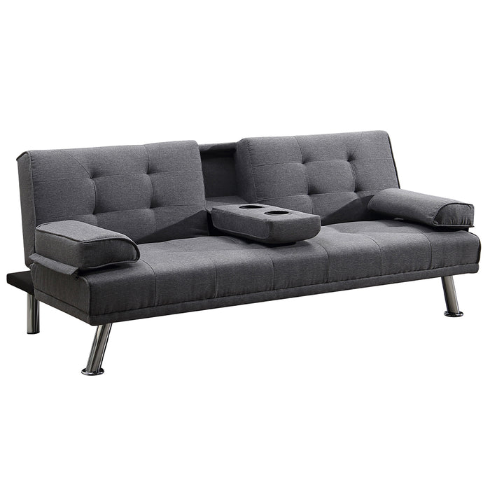 Divano Convertibile 2in1 in Tessuto Grigio Cuscini e Bracciolo con Portabibite