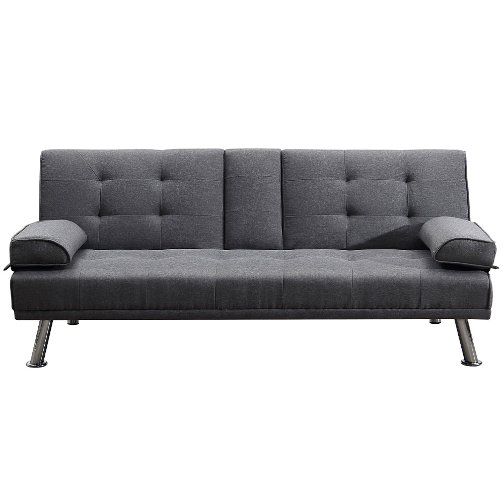 Divano Convertibile 2in1 in Tessuto Grigio Cuscini e Bracciolo con Portabibite