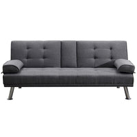 Divano Convertibile 2in1 in Tessuto Grigio Cuscini e Bracciolo con Portabibite