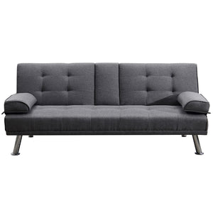 Divano Convertibile 2in1 in Tessuto Grigio Cuscini e Bracciolo con Portabibite