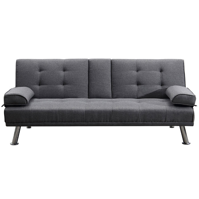 Divano Convertibile 2in1 in Tessuto Grigio Cuscini e Bracciolo con Portabibite