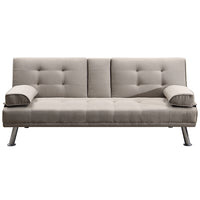 Divano Convertibile 2in1 in Tessuto Tortora Cuscini e Bracciolo con Portabibite