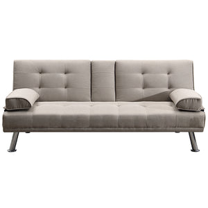 Divano Convertibile 2in1 in Tessuto Tortora Cuscini e Bracciolo con Portabibite