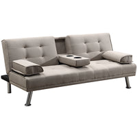 Divano Convertibile 2in1 in Tessuto Tortora Cuscini e Bracciolo con Portabibite