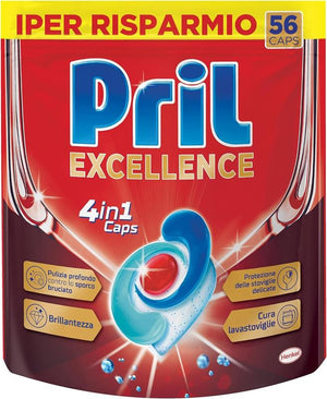 PRIL EXCELLENCE 4 IN 1 CAPS PULIZIA PROFONDA CONTRO LO SPORCO BRILLANTEZZA CURA LAVASTOVIGLIE 56 CAPS