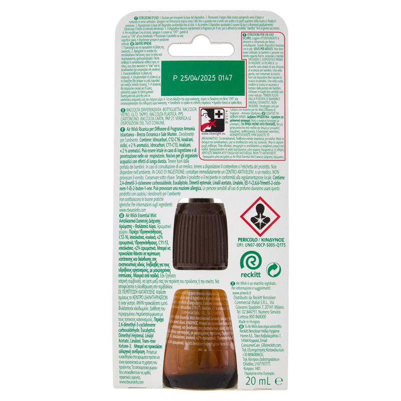 AIR WICK DIFFUSORE DI FRAGRANZA CON OLI ESSENZIALI BREZZA OCEANICA E SALE MARINO RICARICA 20 ML