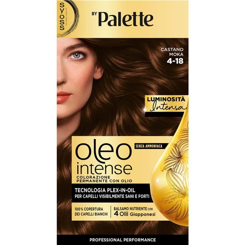 PALETTE SYOSS OLEO INTENSE COLORAZIONE PERMANENTE CON OLIO SENZA AMMONIACA CON 4 OLII GIAPPONESI 4.18 CASTANO MOKA