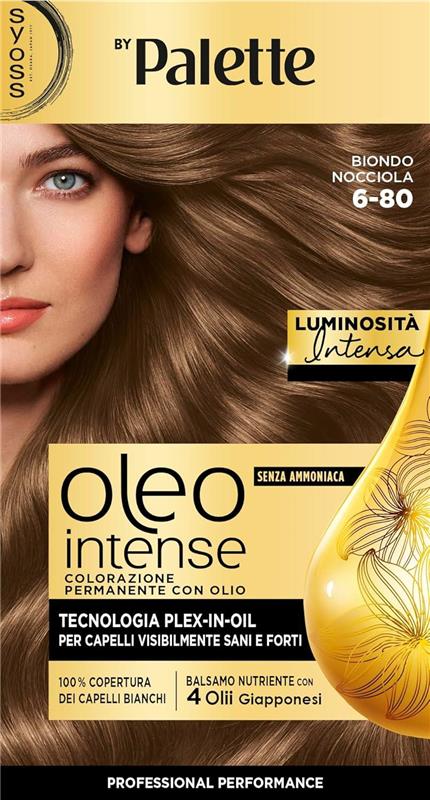 PALETTE SYOSS OLEO INTENSE COLORAZIONE PERMANENTE CON OLIO SENZA AMMONIACA CON 4 OLII GIAPPONESI 6.80 BIONDO NOCCIOLA