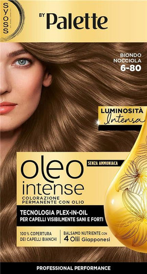 PALETTE SYOSS OLEO INTENSE COLORAZIONE PERMANENTE CON OLIO SENZA AMMONIACA CON 4 OLII GIAPPONESI 6.80 BIONDO NOCCIOLA