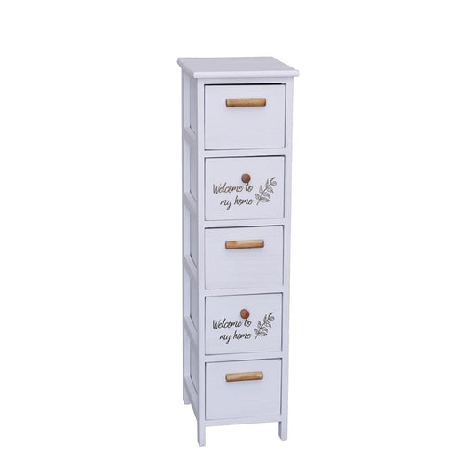 MOBILE BIANCO CON SCRITTA WELCOME COMPRESO DI 5 CASSETTI IN LEGNO DI DIMENSIONI 26 X 32 X 98 CM