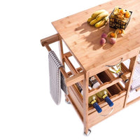 Carrello Cucina Legno Bambù con Cassetti Cestelli e Portabottiglie 4 Ruote Girevoli