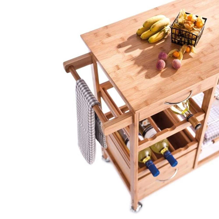Carrello Cucina Legno Bambù con Cassetti Cestelli e Portabottiglie 4 Ruote Girevoli