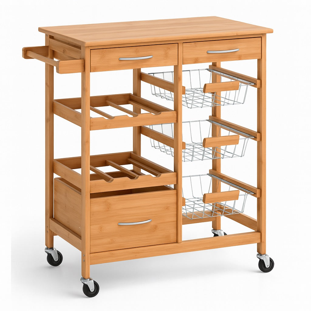 Carrello Cucina Legno Bambù con Cassetti Cestelli e Portabottiglie 4 Ruote Girevoli