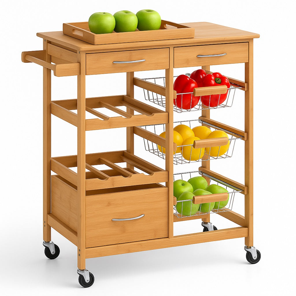 Carrello Cucina Legno Bambù con Cassetti Cestelli e Portabottiglie 4 Ruote Girevoli