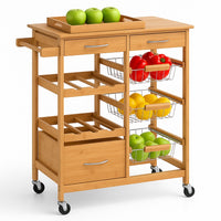 Carrello Cucina Legno Bambù con Cassetti Cestelli e Portabottiglie 4 Ruote Girevoli