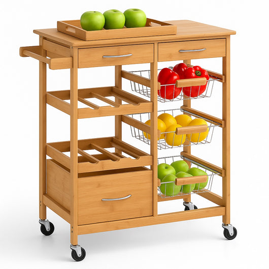 Carrello Cucina Legno Bambù con Cassetti Cestelli e Portabottiglie 4 Ruote Girevoli