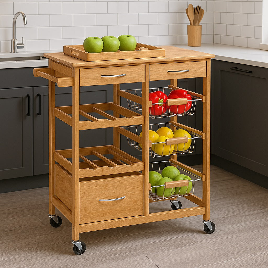 Carrello Cucina Legno Bambù con Cassetti Cestelli e Portabottiglie 4 Ruote Girevoli