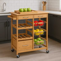 Carrello Cucina Legno Bambù con Cassetti Cestelli e Portabottiglie 4 Ruote Girevoli