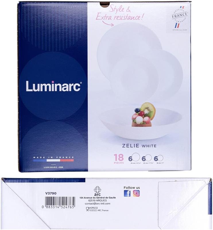 LUMINARC SERVIZIO PIATTI ZELIE 18 PEZZI PER 6 PERSONE COLORE BIANCO - 6 FONDI - 6 PIANI - 6 FRUTTA - DESIGN MODERNO E LUCIDO