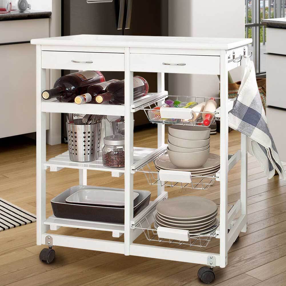 Carrello Cucina Legno con Cassetti Portabottiglie Mensole e Cestelli Portafrutta Bianco