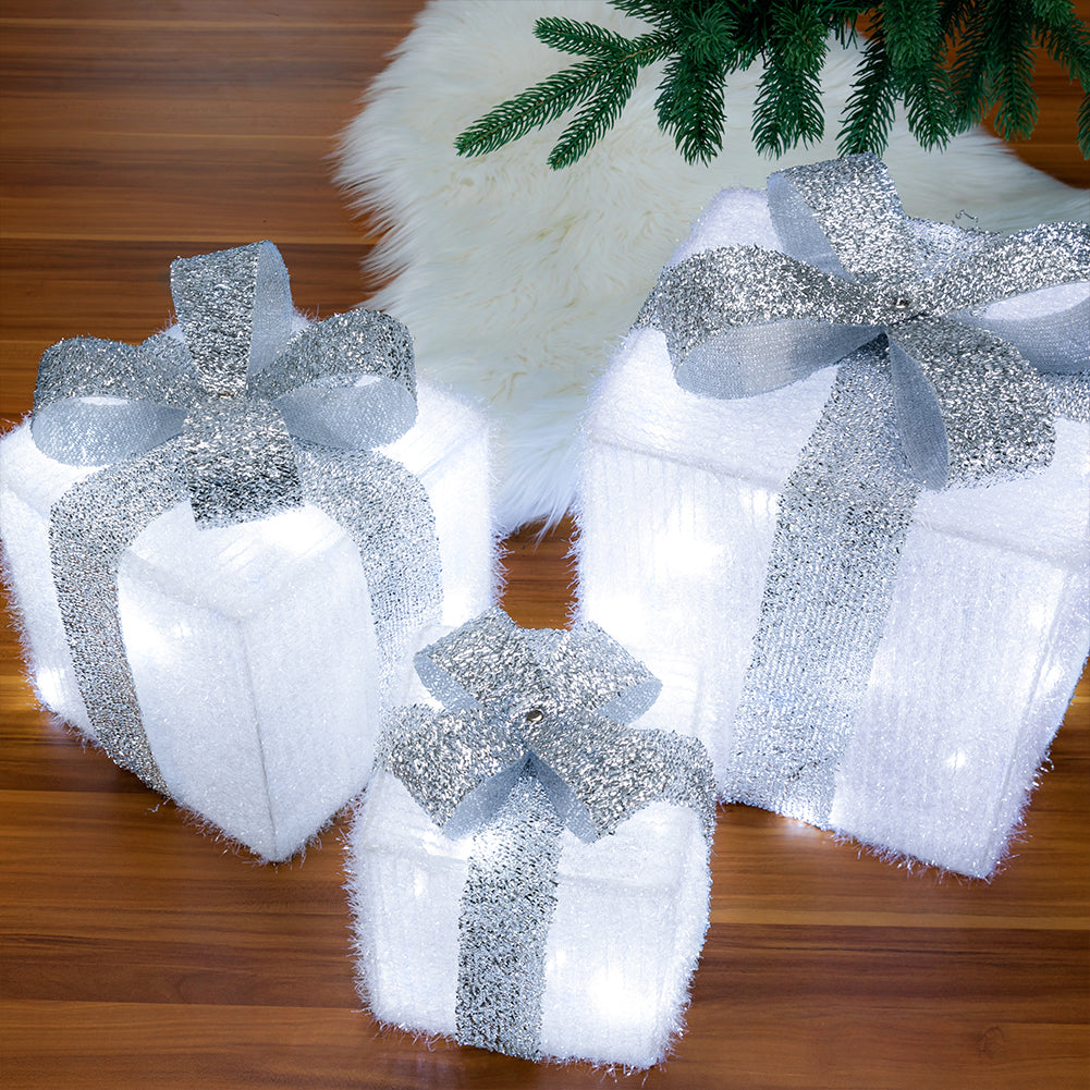 Set 3 Pacchi Regalo Natale Luminosi Bianco Argento LED Decorazione Interno Esterno