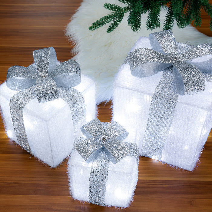 Set 3 Pacchi Regalo Natale Luminosi Bianco Argento LED Decorazione Interno Esterno