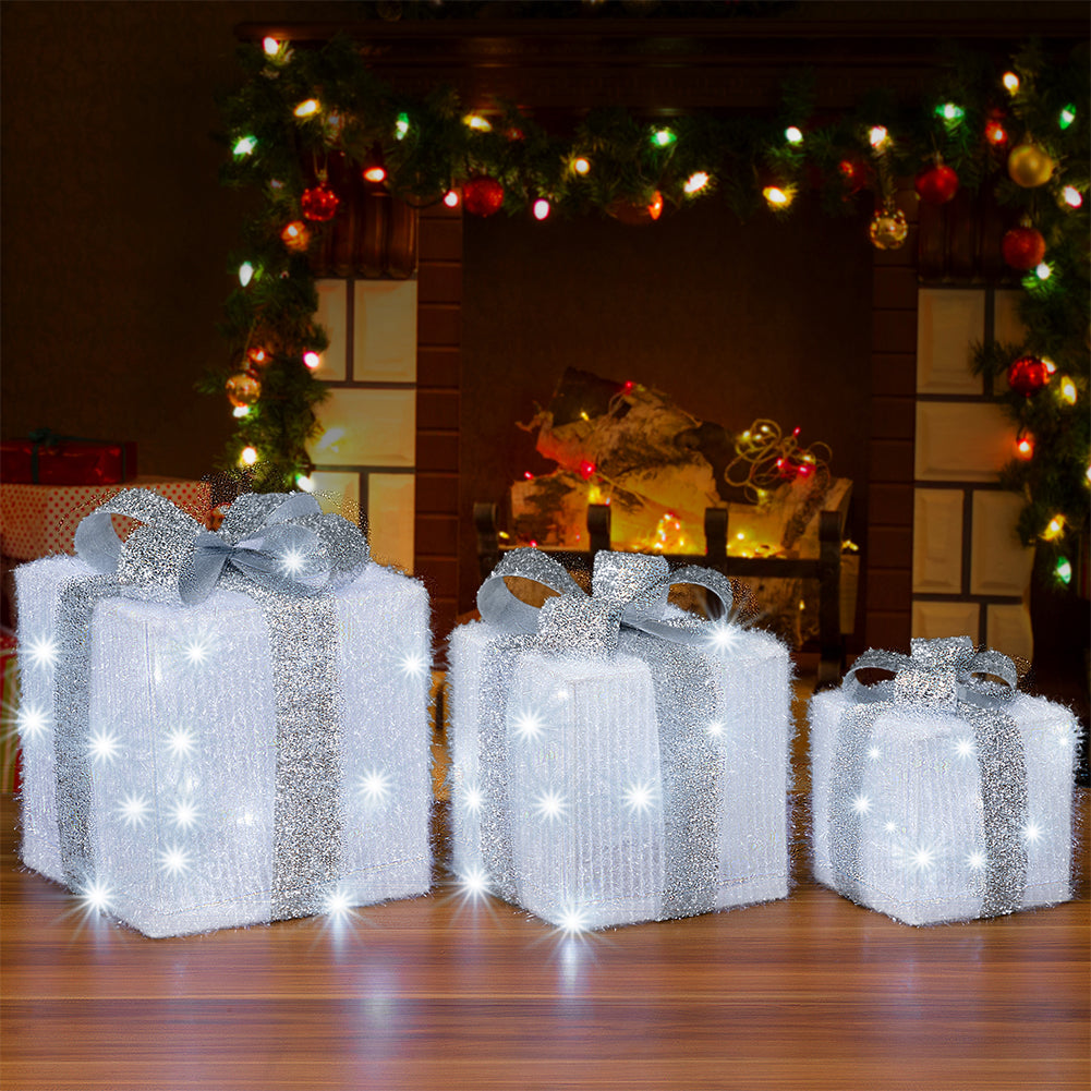 Set 3 Pacchi Regalo Natale Luminosi Bianco Argento LED Decorazione Interno Esterno