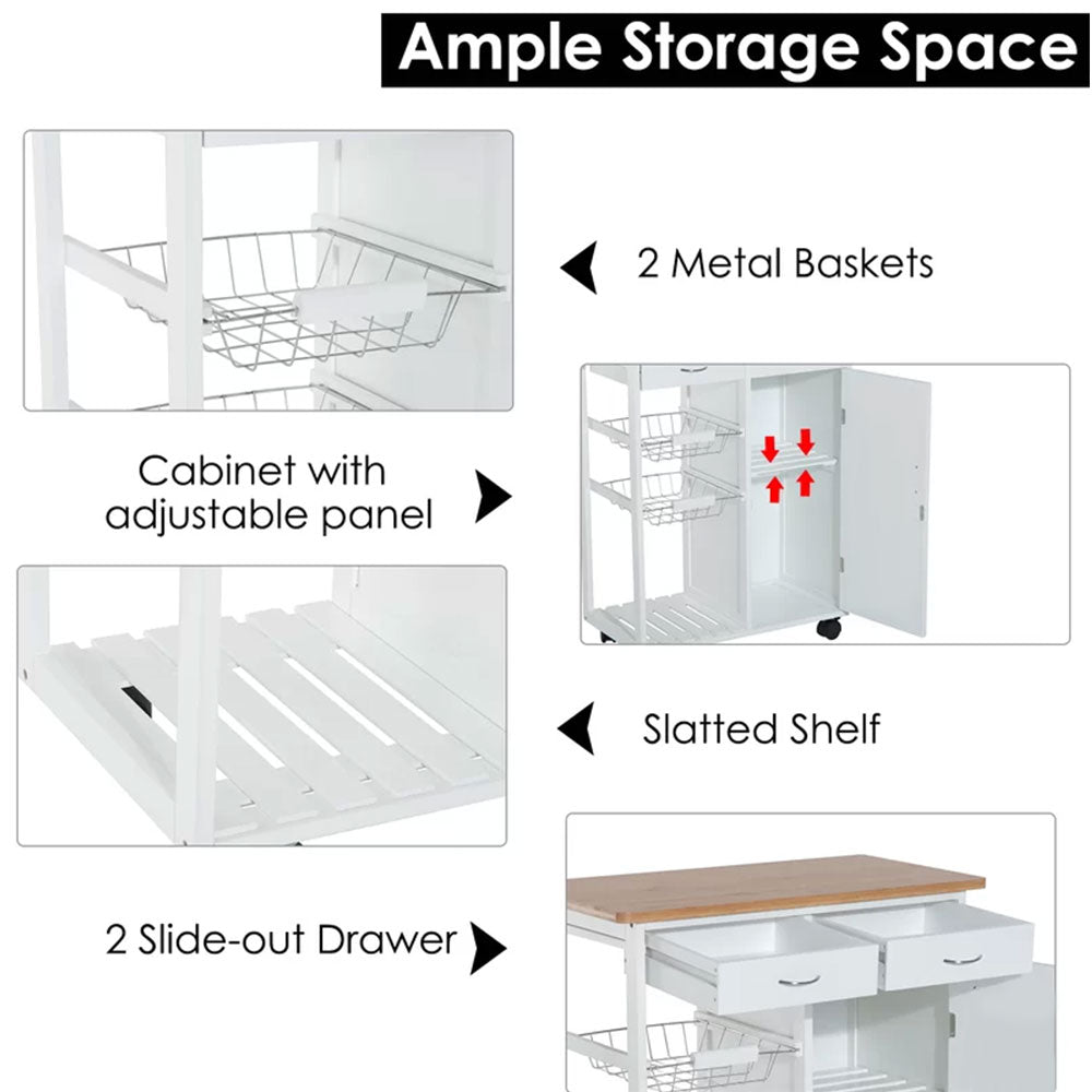 Carrello Cucina in Legno Bianco con Cassetti Cestelli Acciaio e Top Bambù Multiuso